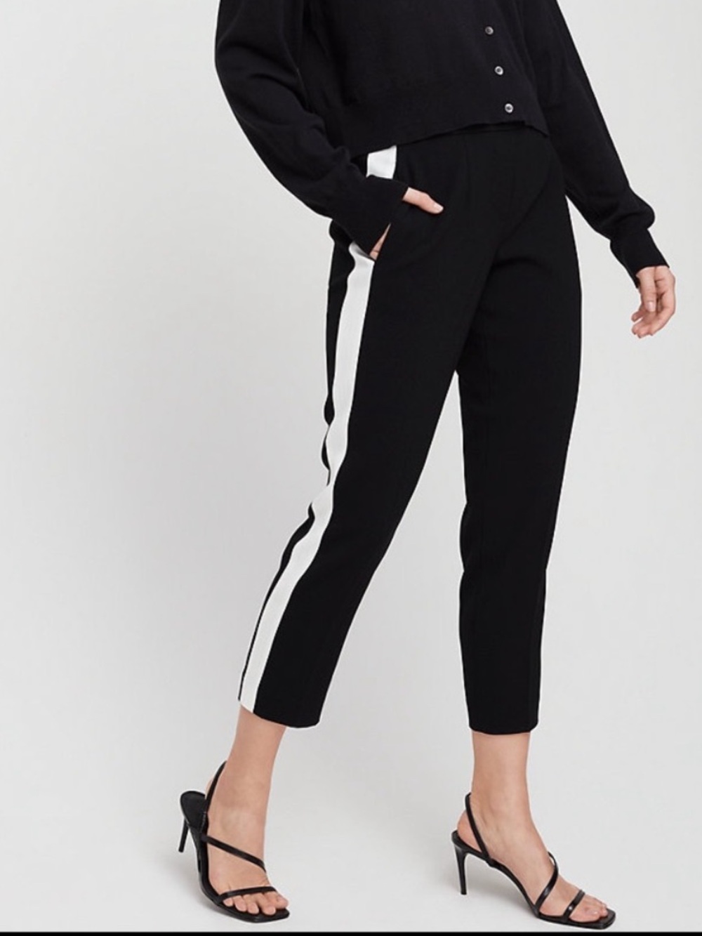 Aritzia Babaton Black Straight-Leg Ankle Pants with White Side Stripes